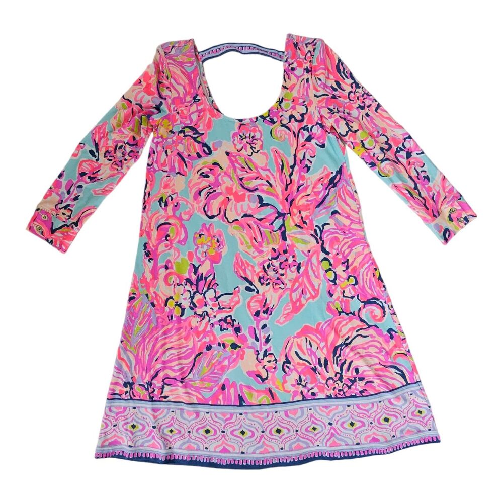 Lilly‎ Pulitzer Emma Dress In Serene Blue Floral Print 3/4 Sleeve Size XS $178